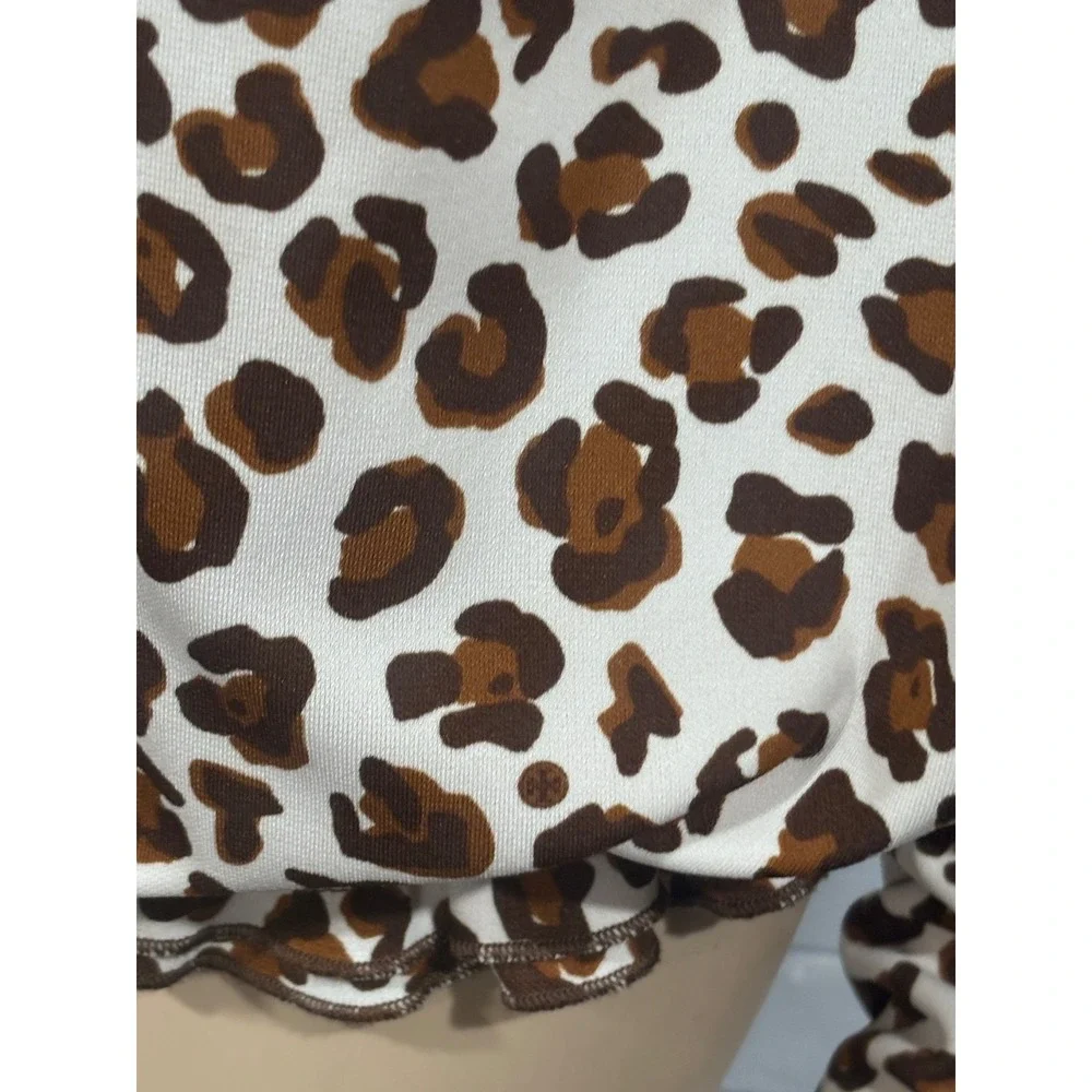 Tory Burch Brown White Leopard Long Sleeve Bubble Hem Blouse Old Money Preppy L